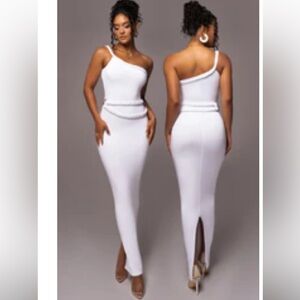 JLUXLABEL One-Shoulder White Maxi Dress with Waist Detail